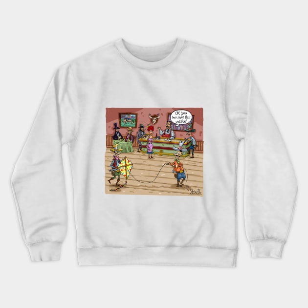 Cowboys flying a kite in a wild west saloon. Crewneck Sweatshirt by macccc8